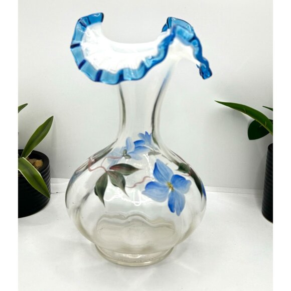Fenton Blue Floral • Opalescent Rib Base Ruffled Aqua Crest Vase Signed - Picture 2 of 9
